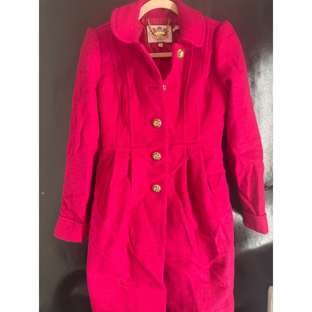 Vintage Juicy Couture Hot Pink Wool Blend Belted Trench Coat Gold Buttons Size P